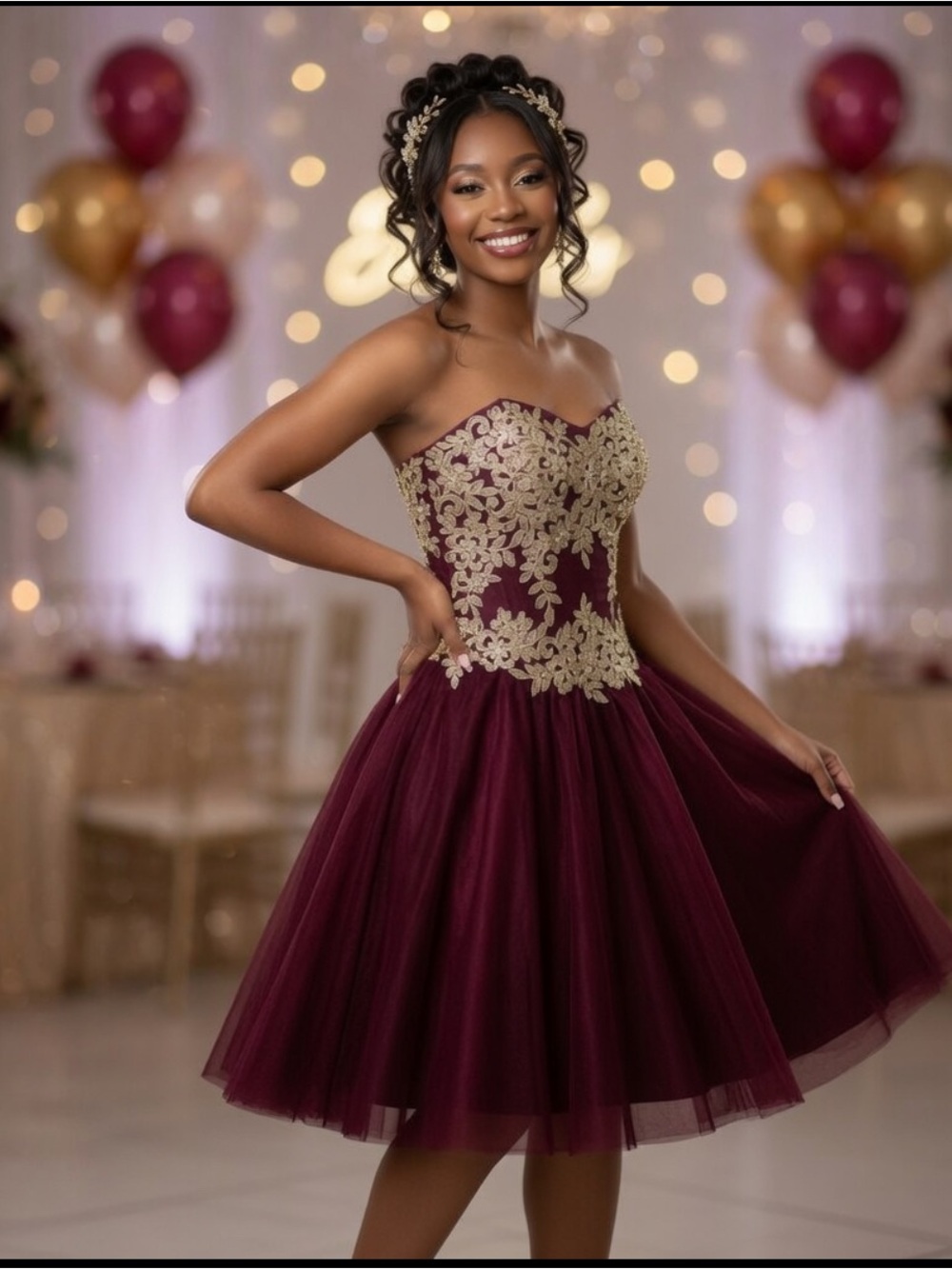 NWT Burgundy & Gold Lace Strapless Corset Sweet 16 Dress